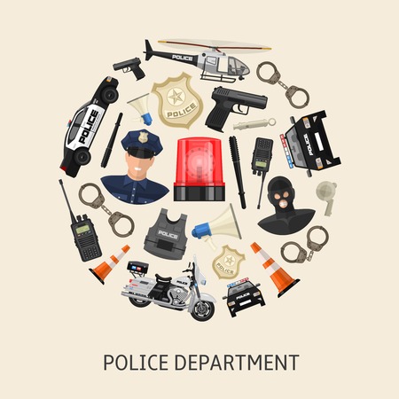 Round police composition with colored isolated icon set in big circle on beige background vector illustrationのイラスト素材