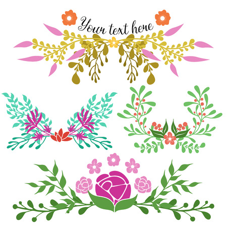 Hand drawn floral compositions of green flourish twigs and flowers in red pink colors isolated vector illustrationのイラスト素材