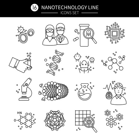 Nanotechnology linear icons set with robots electronics particles medicine microscope fiber tube molecules professionals isolated vector illustrationのイラスト素材