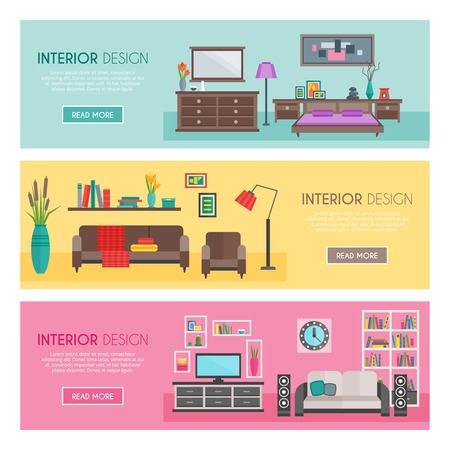 Three horizontal flat furniture banner set interior design descriptions and button with link vector illustrationのイラスト素材