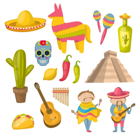 Mexican icon set with traditions local residents and distinctive features of the country vector illustrationのイラスト素材