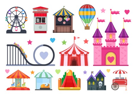 Amusement park colorful objects set with extreme and inflatable attractions circus tent street food isolated vector illusrationのイラスト素材