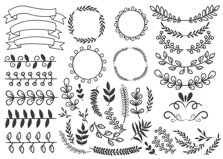 Hand drawn decorative elements set with floral ornaments wreaths leaf and swirls ribbons vignettes isolated vector illustrationのイラスト素材