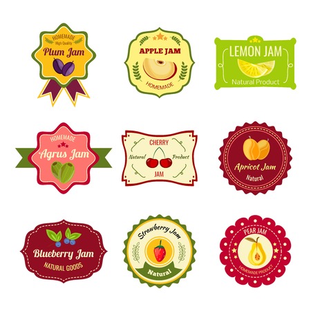 Natural jam colorful labels for homemade products of different fruit with laurel leaves stars isolated vector illustrationのイラスト素材