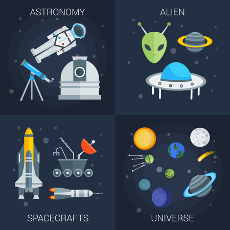 Space flat compositions with astronomy alien shuttles rockets and satellites universe on blue background isolated vector illustrationのイラスト素材