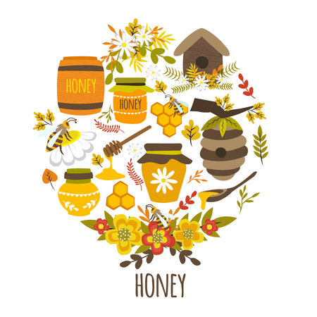 Honey hand drawn round design with title bee products colorful leaves flower compositions hives isolated vector illustrationのイラスト素材