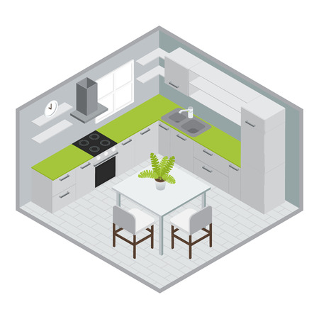 Room for cooking isometric design with white green kitchen furniture stove sink window tiled floor vector illustrationのイラスト素材