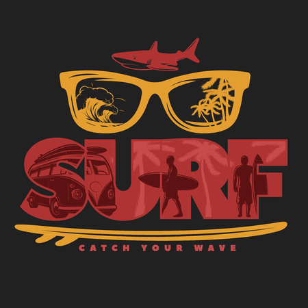 Colored surfing print with title catch your wave and elements of active recreation at sea vector illustrationのイラスト素材