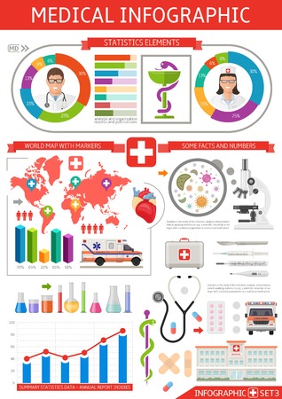 Healthcare infographics template with world map medical staff heart diagrams graphs statistics on white background vector illustrationのイラスト素材