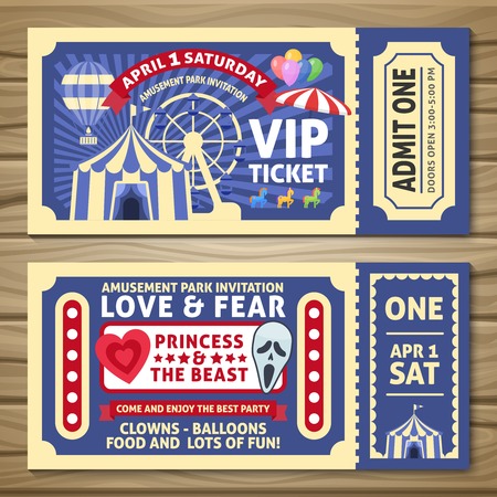 Amusement park tickets with red ribbons circus tent balloons on wooden background isolated vector illustrationのイラスト素材