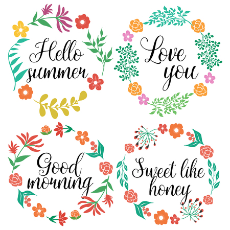 Hand drawn floral wreaths of leaves and flowers inscriptions with flourishes inside isolated vector illustrationのイラスト素材