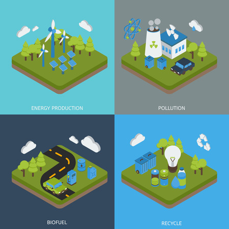 Ecology isometric compositions with green energy production environment pollution biofuel waste recycling isolated vector illustrationのイラスト素材