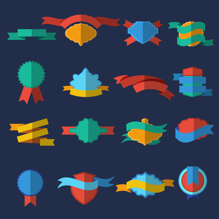 Flat colored and isolated design labels and ribbons set for different purposes vector illustrationのイラスト素材