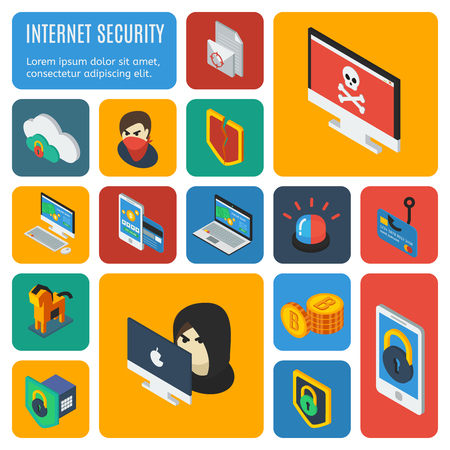Internet security decorative isometric icons with computers email alarm banking card cloud service hacking isolated vector illustrationのイラスト素材