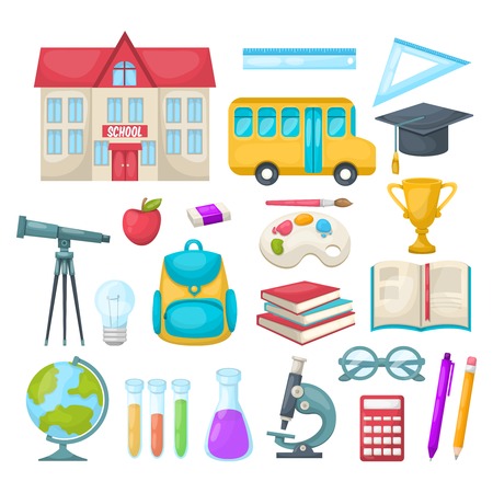 School icon set with school attributes and necessary to study tools isolated and colored vector illustrationのイラスト素材
