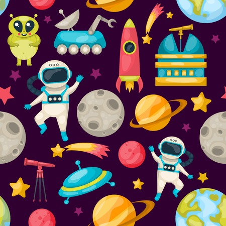 Space seamless background pattern with different inhabitants of space planets and tools vector illustrationのイラスト素材