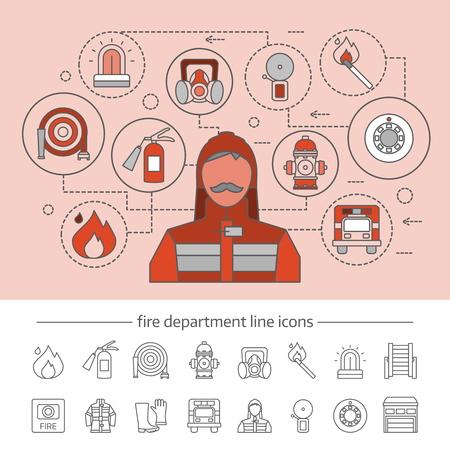 Fire department concept with professional equipment infographics on pink background and linear icons set isolated vector illustrationのイラスト素材