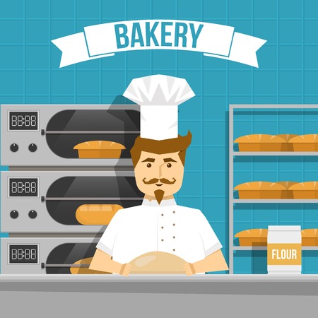 Baker cooks bread design with flour products in oven and on shelves on blue background vector illustrationのイラスト素材