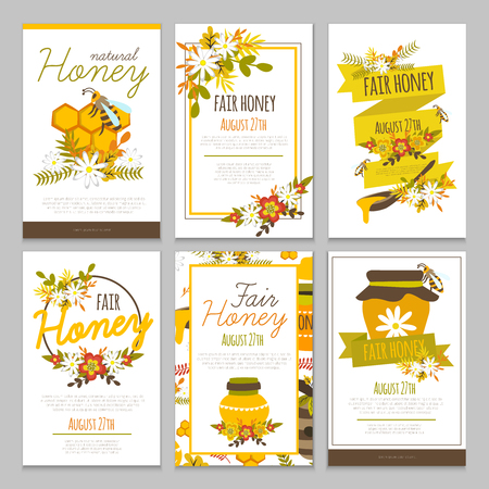 Honey hand drawn posters collection with bees floral compositions combs ribbons on grey background isolated vector illustrationのイラスト素材