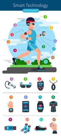 Smart technology line infographic with running man and smart electronic equipments on his body vector illustrationのイラスト素材
