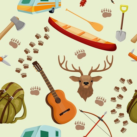 Camping seamless background pattern with elements of camp and hiking tourism and forest animals vector illustrationのイラスト素材