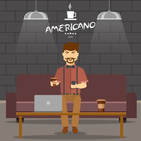 Hipster in coffee shop design with smiling man on sofa with beverage and smartphone vector illustrationのイラスト素材