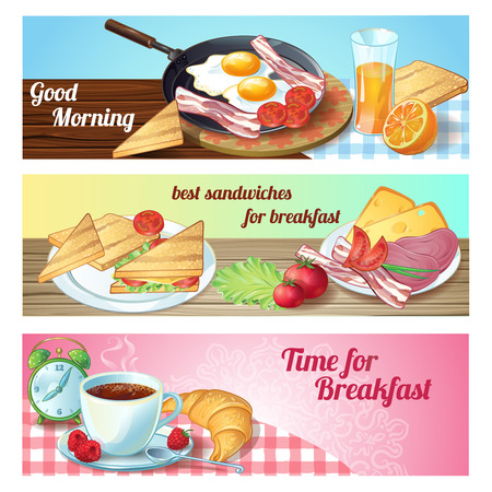 Three horizontal breakfast banner set with good morning time for breakfast descriptions vector illustrationのイラスト素材