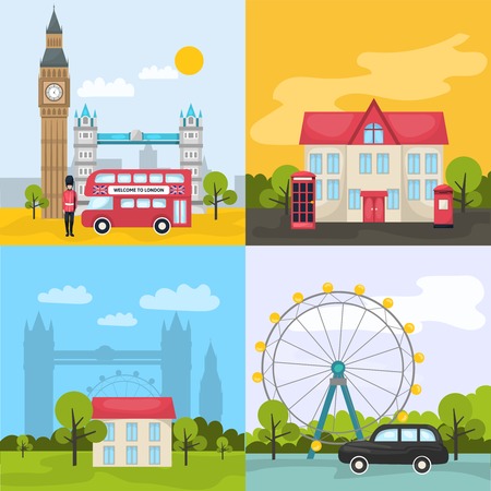 London colored compositions with four square icon set about tourist places and attractions vector illustrationのイラスト素材