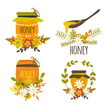 Honey hand drawn compositions with bee products wooden spoon flower decoration wreath of leaf isolated vector illustrationのイラスト素材