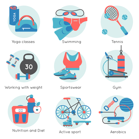 Fitness gym colored icon set in blue round on tennis swimming aerobics yoga classes themes vector illustrationのイラスト素材