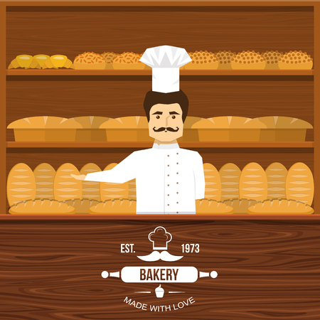 Baker behind counter design with mustached man and wooden shelves of bread in background vector illustrationのイラスト素材
