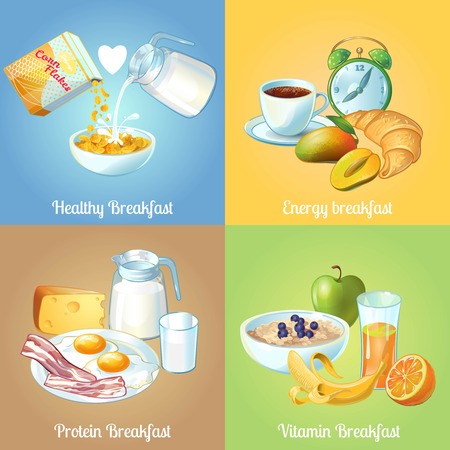 Four breakfast compositions or icon set with healthy energy protein and vitamin breakfast descriptions vector illustrationのイラスト素材
