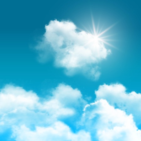 Realistic blue sky with clouds composition rays of sun peek out from behind the clouds vector illustrationのイラスト素材