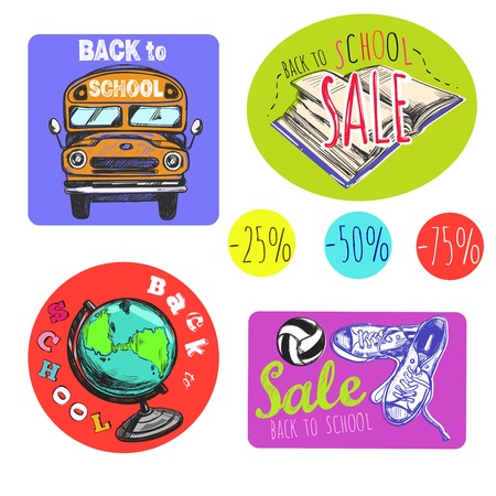 Sketch back to school logo or sticker set with sales and titles vector illustrationのイラスト素材