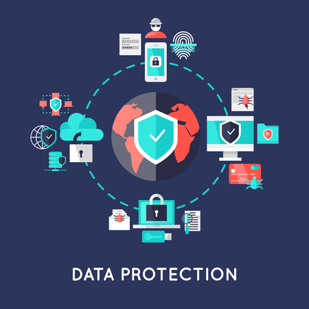 Data protection international system design with earth in center secure devices around on blue background vector illustrationのイラスト素材