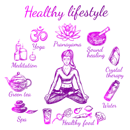 Colored yoga sketch lifestyle composition with isolated icon set around girl and title healthy lifestyle vector illustrationのイラスト素材