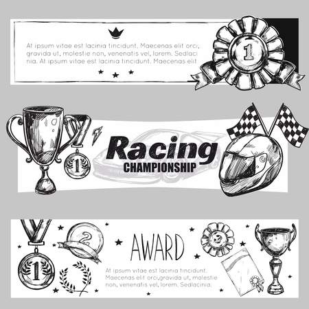 Three horizontal winner medal banner set with racing championship and award descriptions vector illustrationのイラスト素材