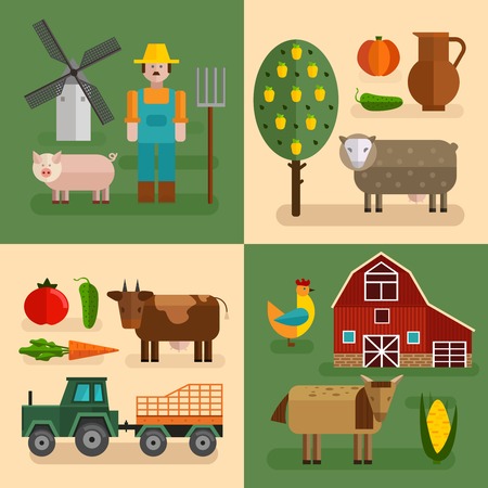 Four square flat farm composition set or isolated icon set with different types of farm vector illustrationのイラスト素材
