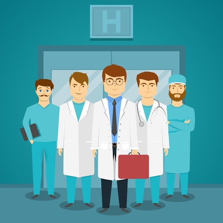 Group of medical specialists in hospital with leading doctor on background of glass doors vector illustrationのイラスト素材