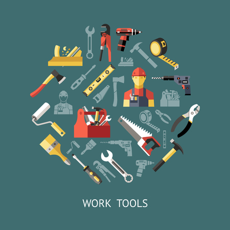 Work tools round composition with isolated colored icon set combined in big circle vector illustrationのイラスト素材