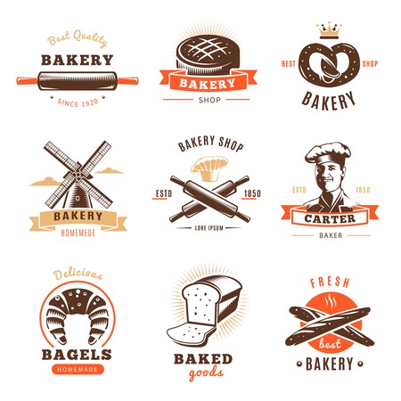 Bakery shop emblem set with best bakery shop baked goods descriptions par example vector illustrationのイラスト素材