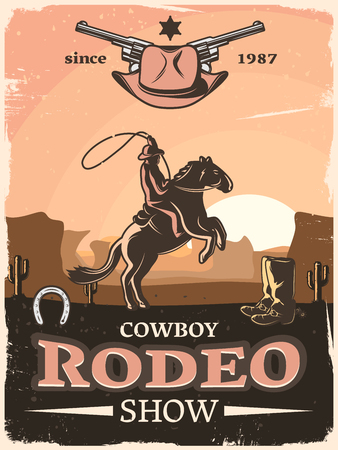 Vintage wild west poster with cowboy rodeo show descriptions since 1987 and rider with lasso vector illustrationのイラスト素材