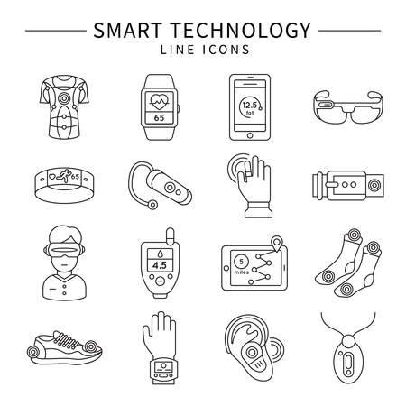 Smart technology monochrome linear icons with virtual reality belt gps socks glasses fitness watch isolated vector illustrationのイラスト素材
