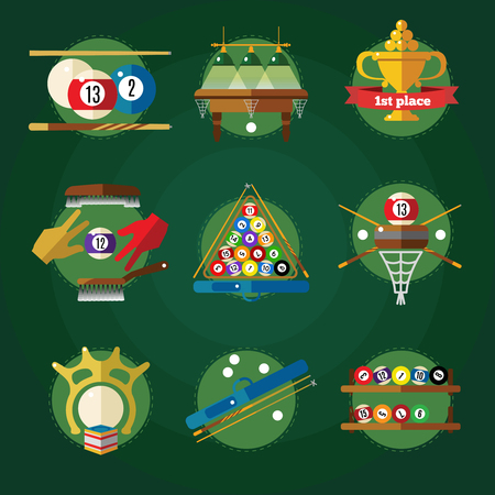 Conceptual billiards icon set in circles with attributes for pool game colored and isolated vector illustrationのイラスト素材