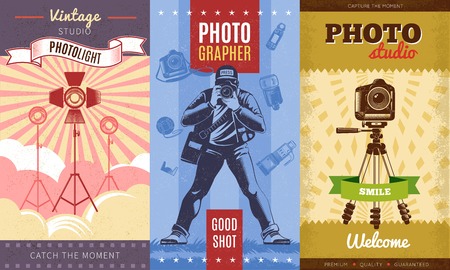 Three colored vintage photographer poster set with vintage studio photolight catch the moment photostudio smile descriptions vector illustrationのイラスト素材