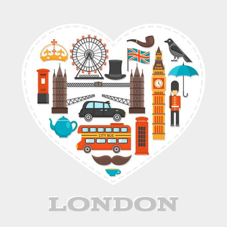 London heart composition or poster with isolated icon set on London theme combined in big white heart vector illustrationのイラスト素材