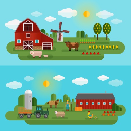 Flat farm panorama set with two different types of farm and animals vector illustrationのイラスト素材