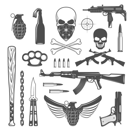 Gangster monochrome elements set with bandit emblems ammunition and different types of weapon isolated vector illustrationのイラスト素材