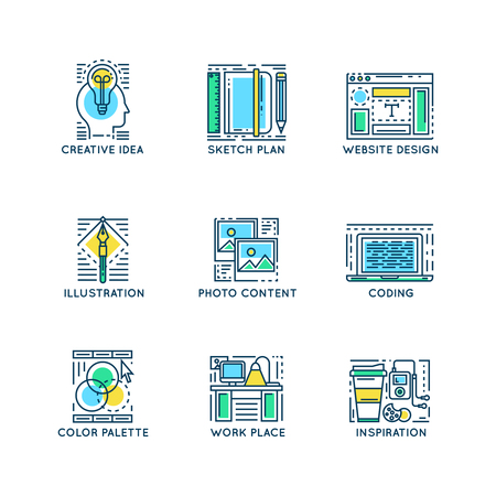 Web design linear symbols with computer workplace color palette framework creative idea sketch plan isolated vector illustrationのイラスト素材
