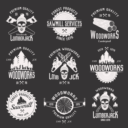Woodworks monochrome emblems of sawmill and lumberjack services with working tools on black background isolated vector illustrationのイラスト素材
